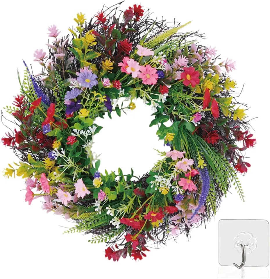Daisy and Lavender Wildflower Spring and Summer Artificial Spring Wreath Silk Summer for Front Door Home Wall Wedding Festival Farmhouse Holiday Decor (18 inch)