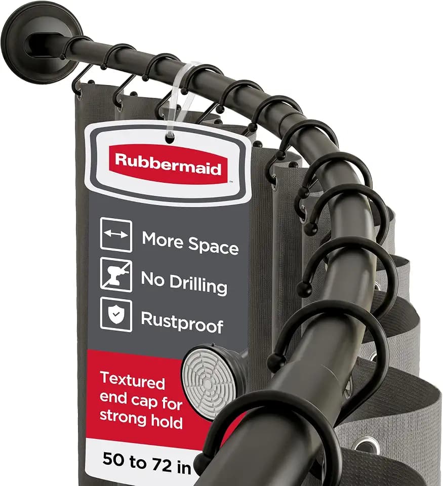 Rubbermaid Curved Shower Curtain Rod, No Drill, 50-72 Inches Adjustable Tension Shower Rod for Bathroom, Non-Slip, No Rust, Matte Black