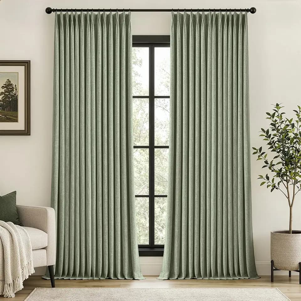 MIULEE Sage Green Pinch Pleated 100% Blackout Linen Curtains 40x84 Inches