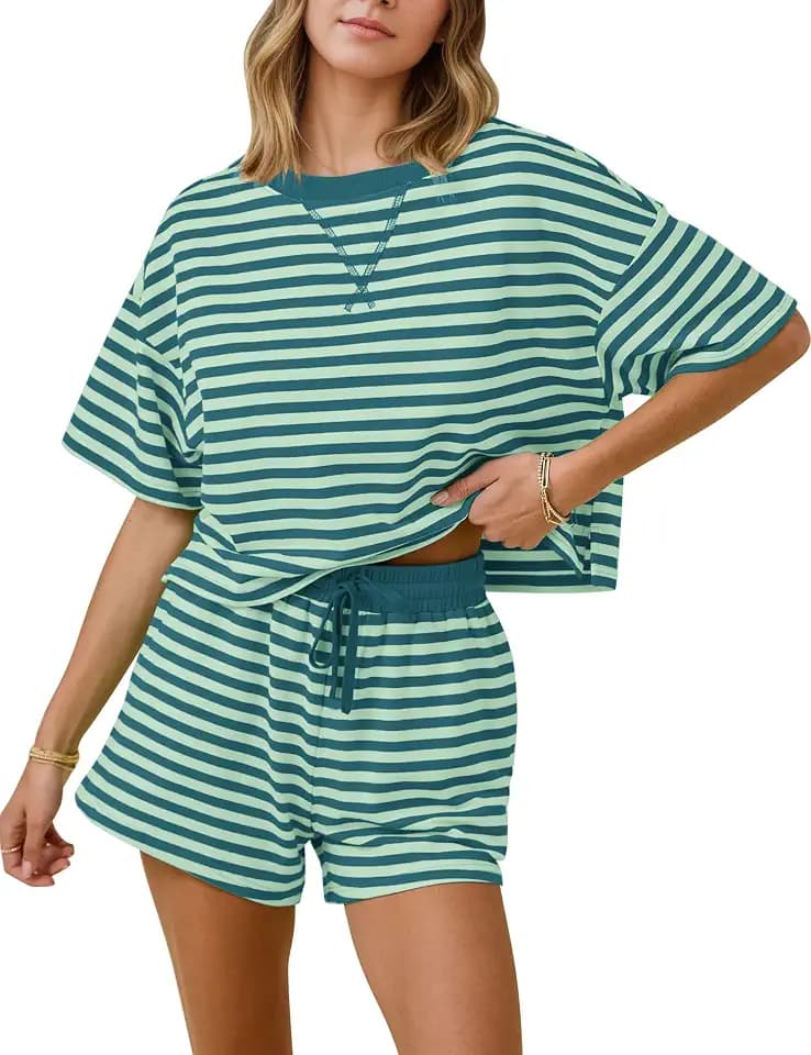 SAFRISIOR Women 2 Piece Striped Lounge Set Short Sleeve Shirts Matching Set