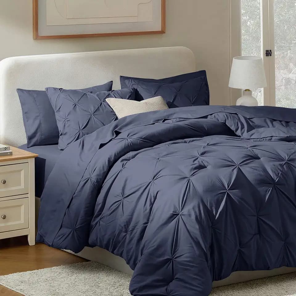 Nestl 9 Piece Queen Comforter Set – Navy Pinch Pleated Bed in a Bag – Complete Queen Size Bedding Set with Sheets, Set of 2 Cooling Pillows, Pillowcases and Shams