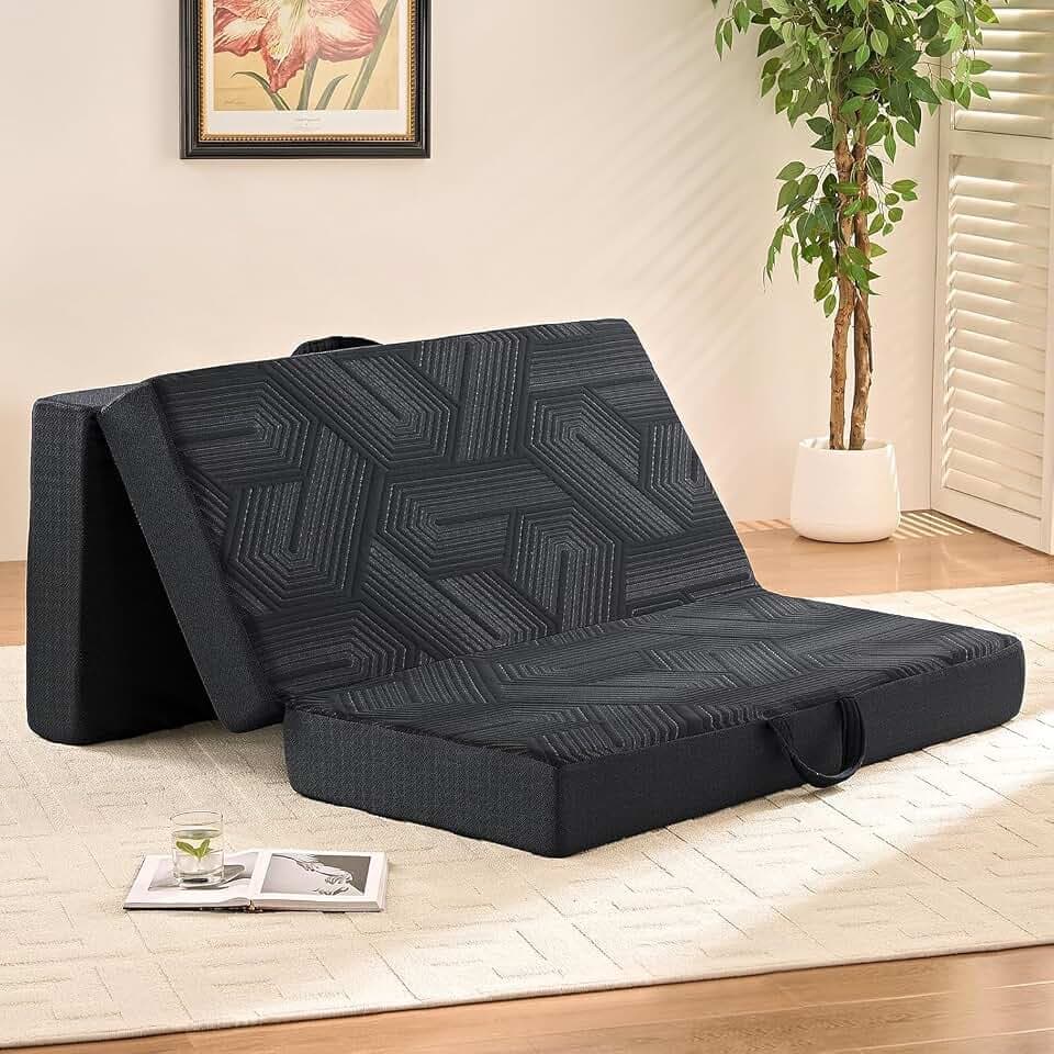 Trifold Mattress, 6 Inch Memory Foam Tri-Fold Mattress Queen Size, Foldable Mattress with Washable Cover, Handles and Non-Slip Bottom for Yoga, Living Room, Camping, 78"x 58" x 6", Black