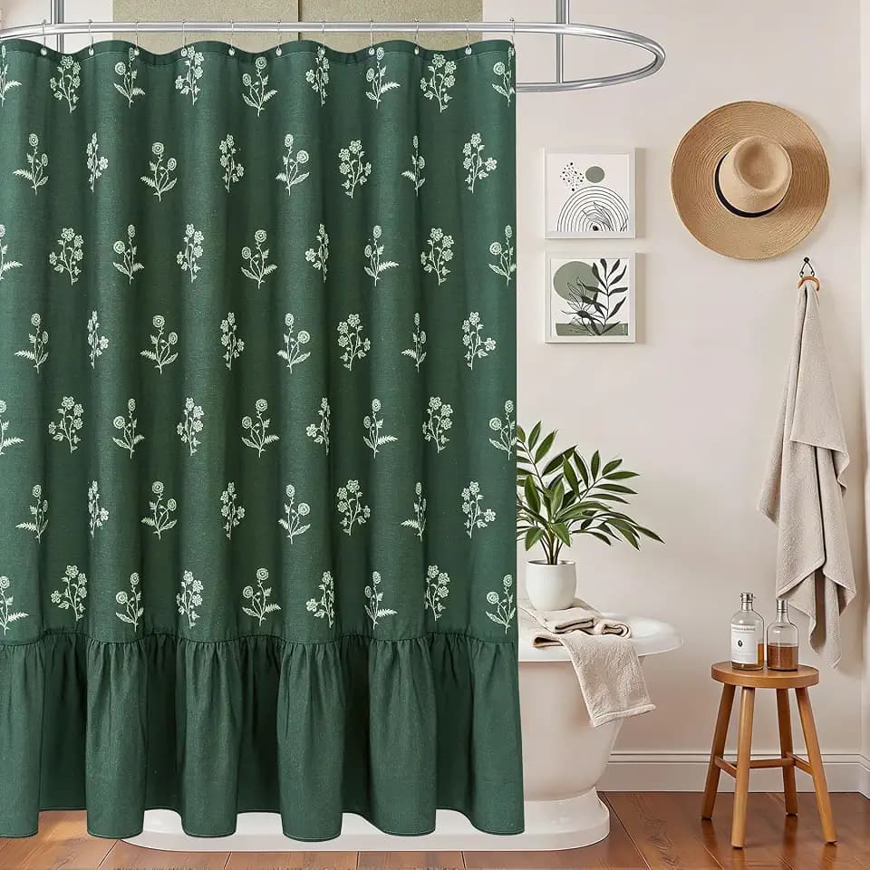 ORTIGIA Linen Shower Curtain with Ruffle Farmhouse Vintage Dark Green Floral Shower Curtains Modern Boho Rustic Block Print Cottagecore Decor for Bathroom 72 W x 72 L