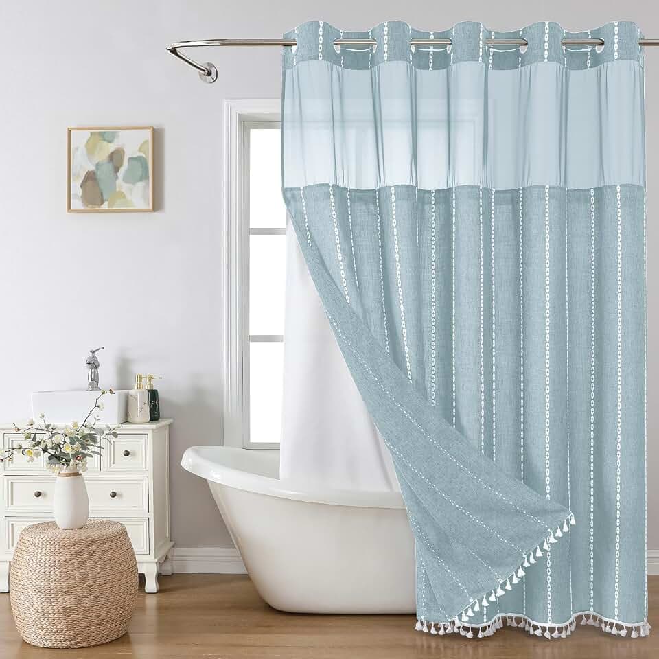 eachope Boho Farmhouse No Hook Shower Curtain with Liner,71x74,Fog Blue