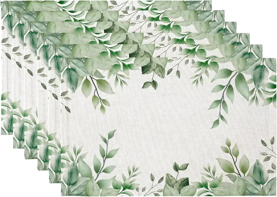 QIYI Boho Table Placemats Set of 6, 12"x18" Linen Place Mats, Green Leaves
