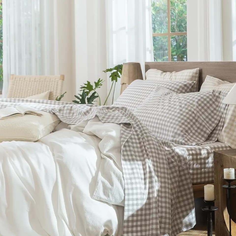 MooMee Gingham Sheet Set 100% Washed Cotton Lived-in Deep Pocket Queen