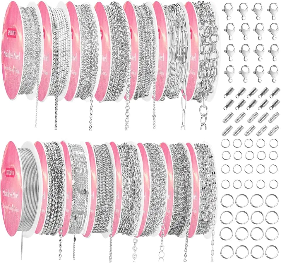Necklace Chains for Jewelry Making, 111.5 Feet 15 Rolls Stainless Steel Jewelry Chains for DIY Necklace Bracelet Jewelry Making Accessories with Stainless Steel Jump Rings/Lobster Clasps/Connectors