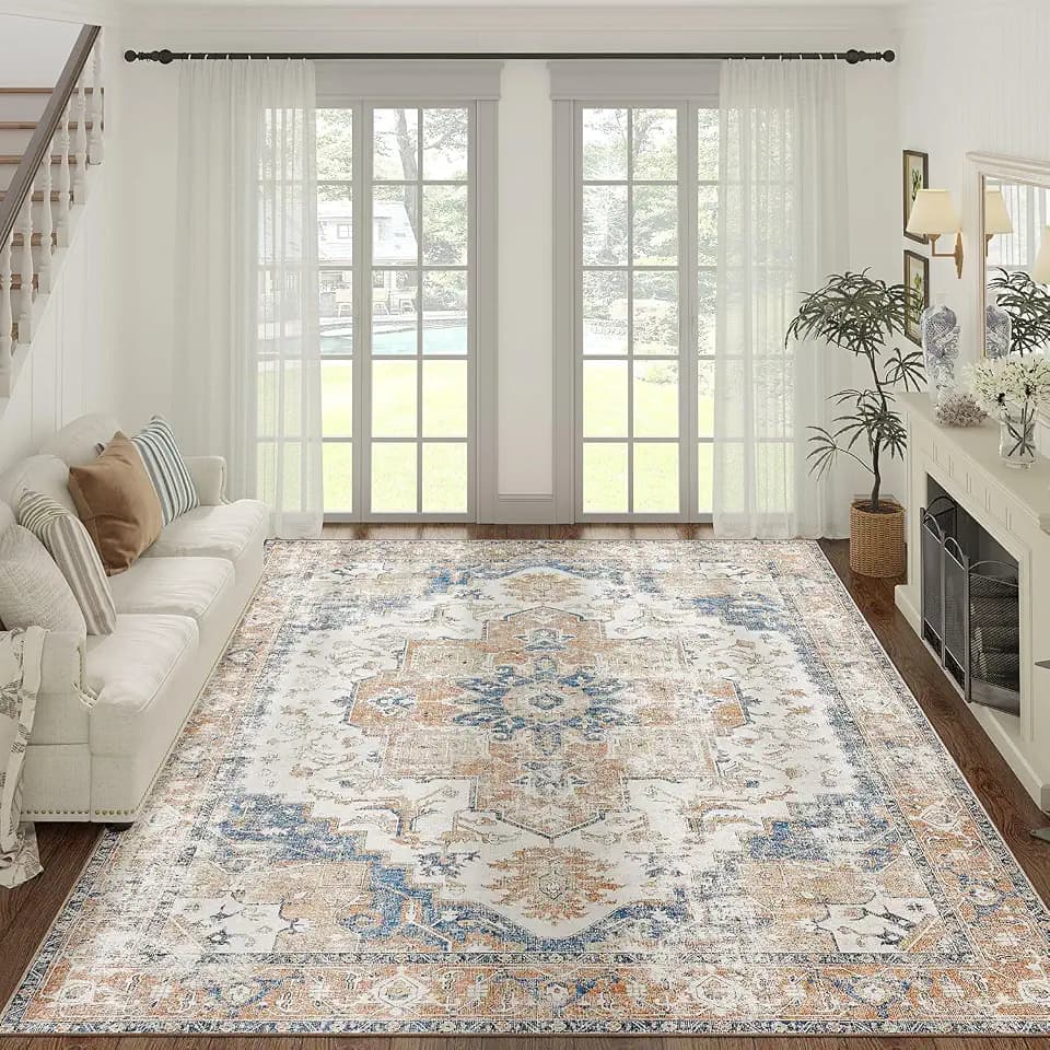 jinchan Area Rug 8x10 Washable Living Room Rug Vintage Indoor Large Floor Cover Distressed Lightweight Non-Slip Low Pile Thin Mat Accent Stain Resistant Carpet for Bedroom Dining Room Office Orange