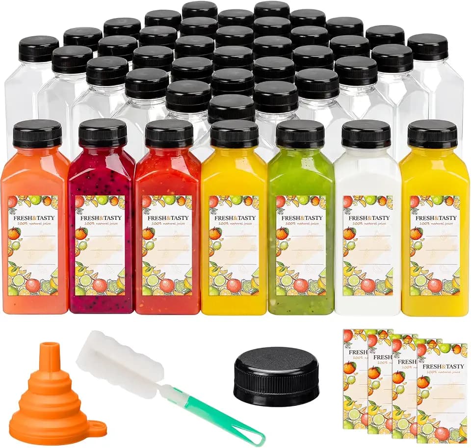 TOMNK 45 PACK 12 OZ Reusable Juice Bottles with Caps, Accessories