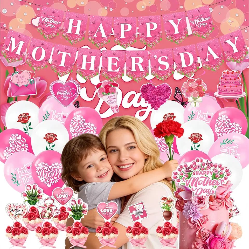 Mother's Day Decorations Set with Happy Mother's Day Banner,Backdrop Banner,Cake & Cupcake Toppers,Balloons and Hanging Decorations,Party Supplies for Home Celebration,Dinner or Birthday Party
