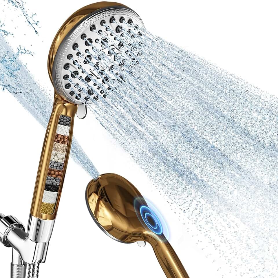 Shower Head, Gold High Pressure Shower Filter Head, 7 Spray, Built-in Pause Mode & Power Wash, Non-Clogging Nozzles, 59" Hose & Holder, Remove Chlorine for Hard Water, Reduce Dry Itchy Skin