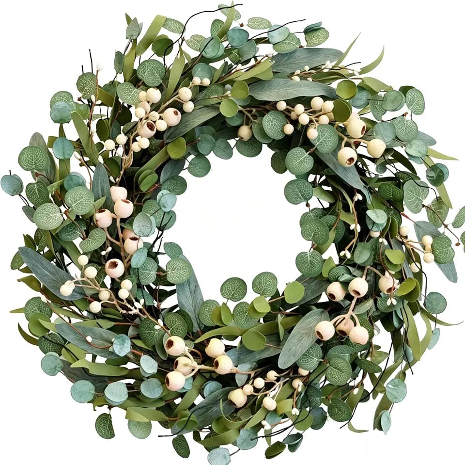 Artificial Spring/Summer Wreath 22 Inch Evergreen Wreaths for Front Door Eucalyptus Wreath with Berries for Outside All Seasons Indoor Outdoor Decor