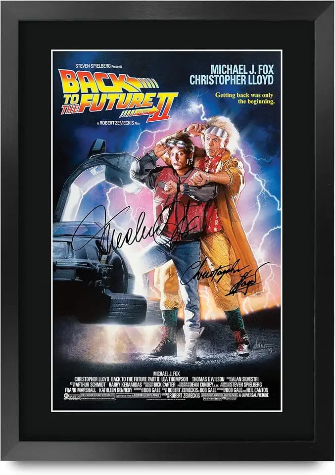 HWC Trading Back to the Future 2 Movie Poster Cast Signed 16 x 12 inch Framed Gift Printed Autograph Christopher Lloyd Michael J Fox Print Photo Picture Display - 16" x 12" Framed
