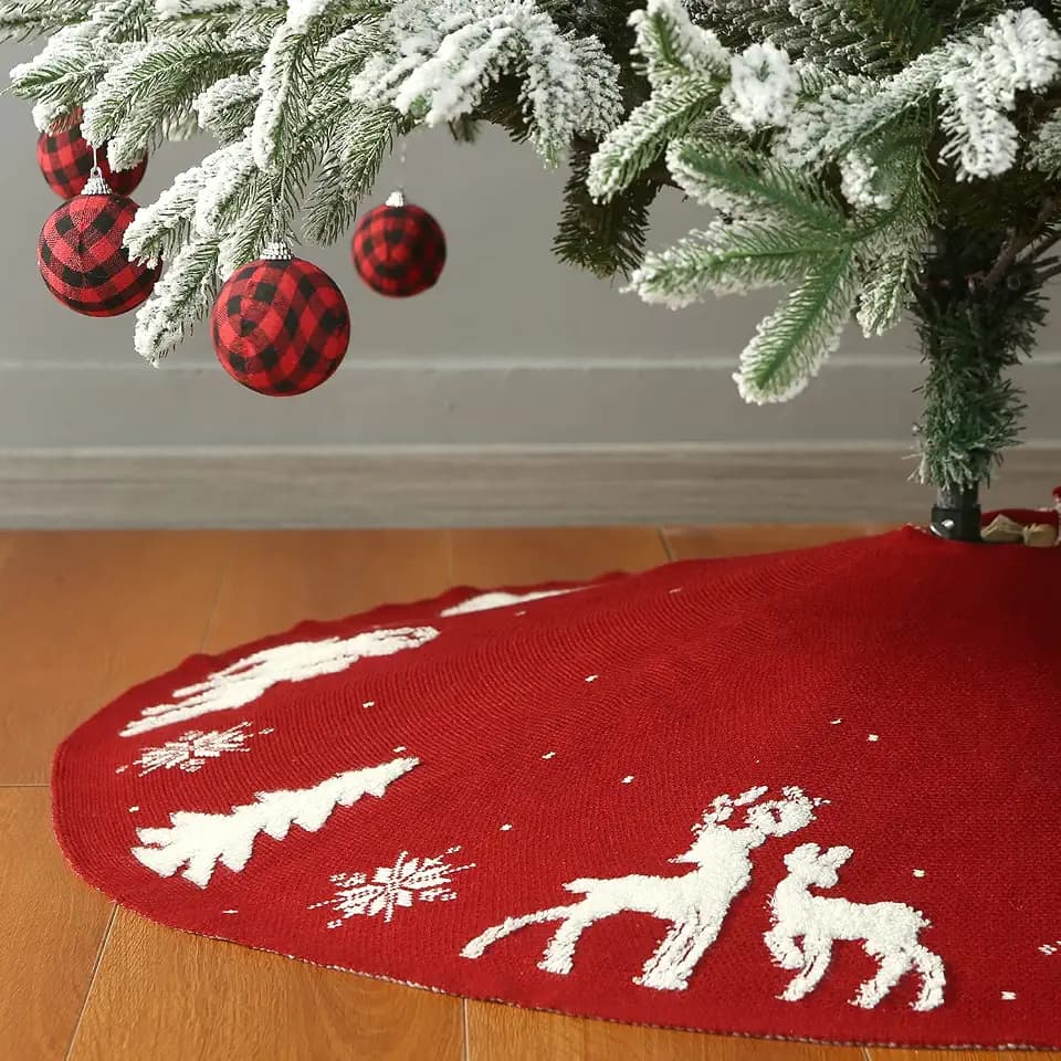 Sattiyrch Knit Christmas Tree Skirt,Luxury Cable Knitted Thick Rustic Xmas Tree Decoration (Red 3D, 48")