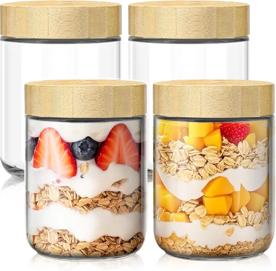16 oz Overnight Oats Containers with Bamboo Lids, Glass Mason Jars 4 Pack