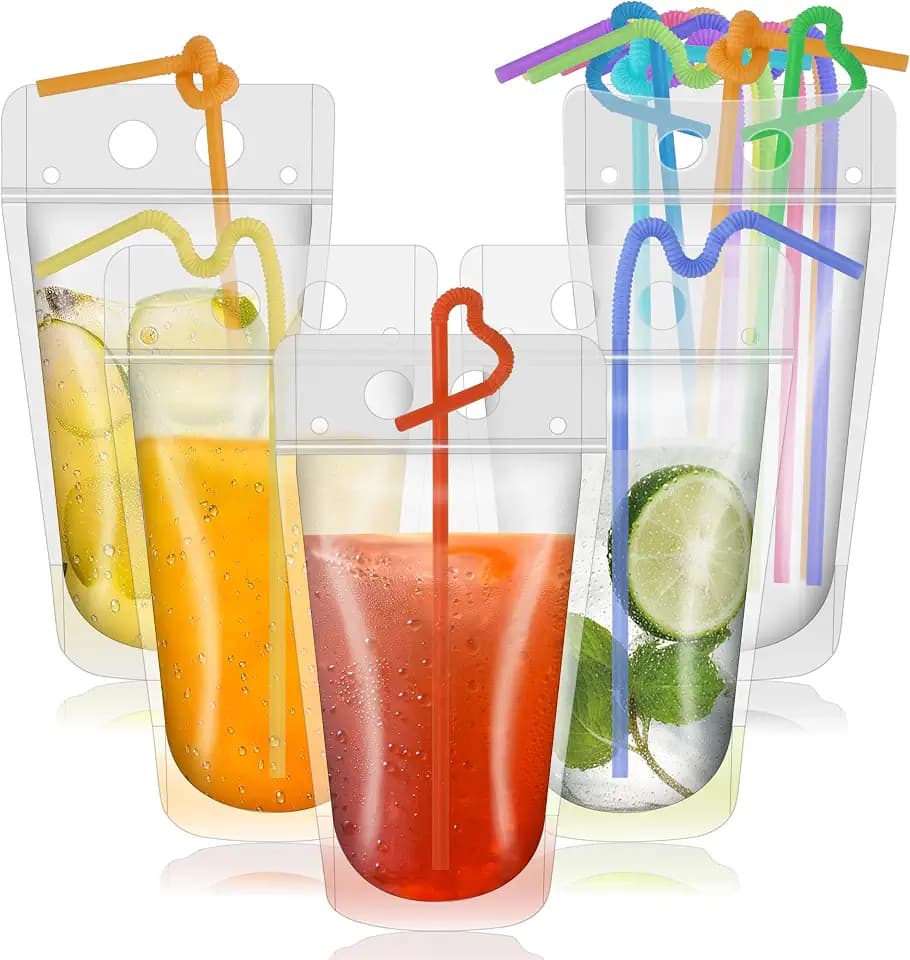 100 Drink Pouches with Straws for Juice, Smoothies & Cocktails