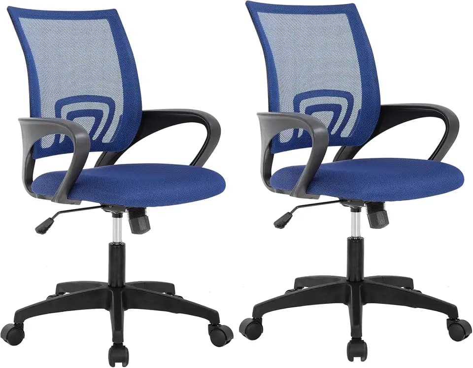 BestOffice | Ergonomic Office Chair | Mid-Back Swivel Desk Chair | Breathable Backrest & Lumbar Support | Adjustable Height | Sponge Seat | Rolling Wheels | Blue | for Adults & Women | Pack of 2