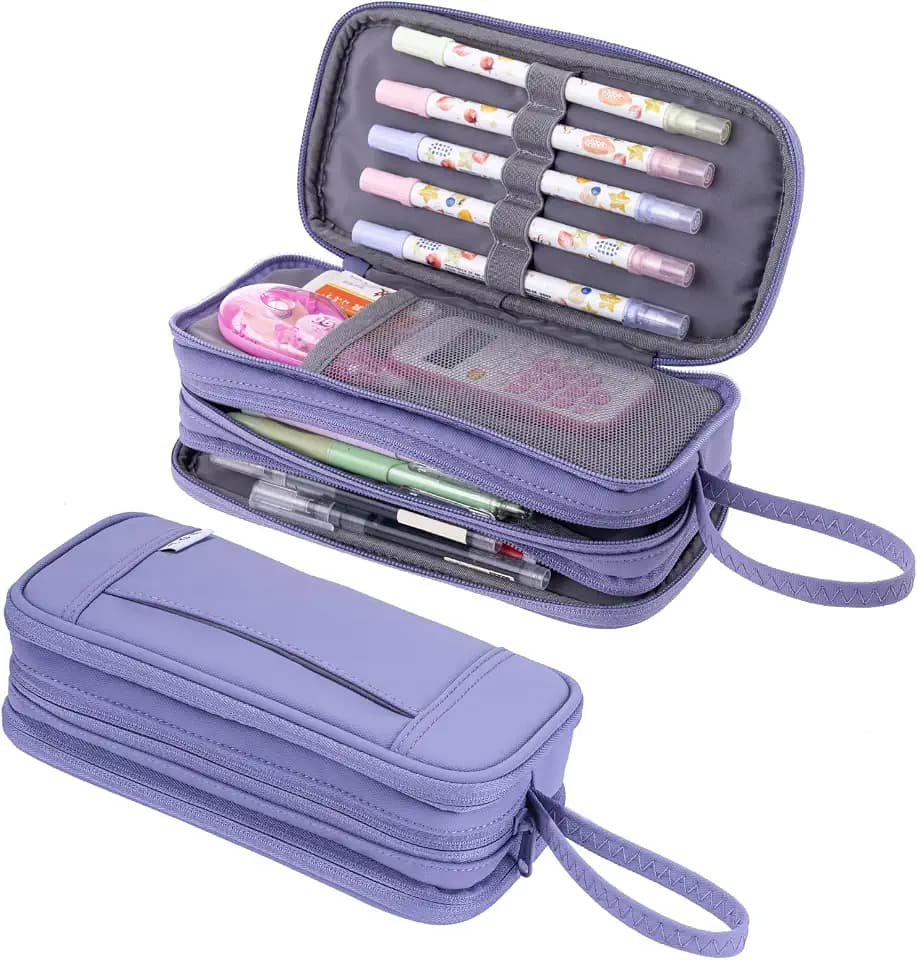 NOL Large Capacity Pencil Case Zipper Pencil Purse 3 Compartment Pencil Pouch Office Stationery Organizer Multi-functional Pencil Bag for School Girl Boy Adults - Light purple