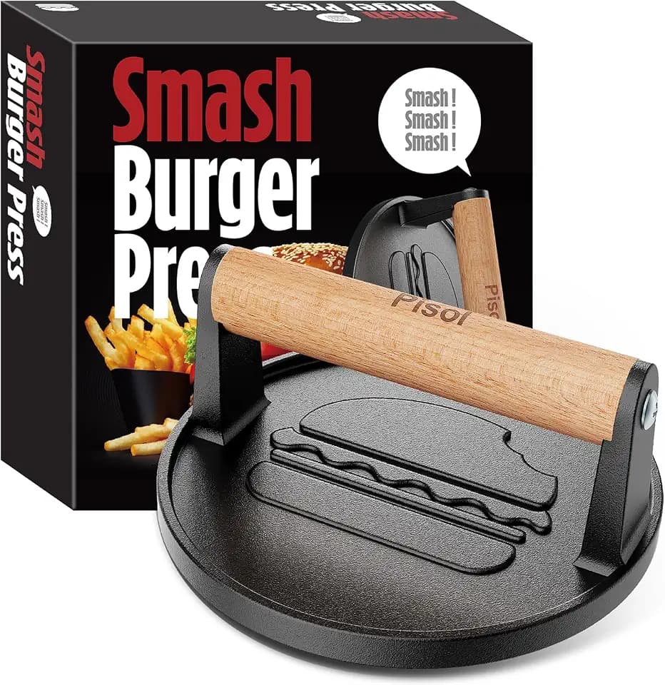 Pisol Pre-Seasoned Cast Iron Smash Burger Press, 2 lb Meat Press Tool 6.6”