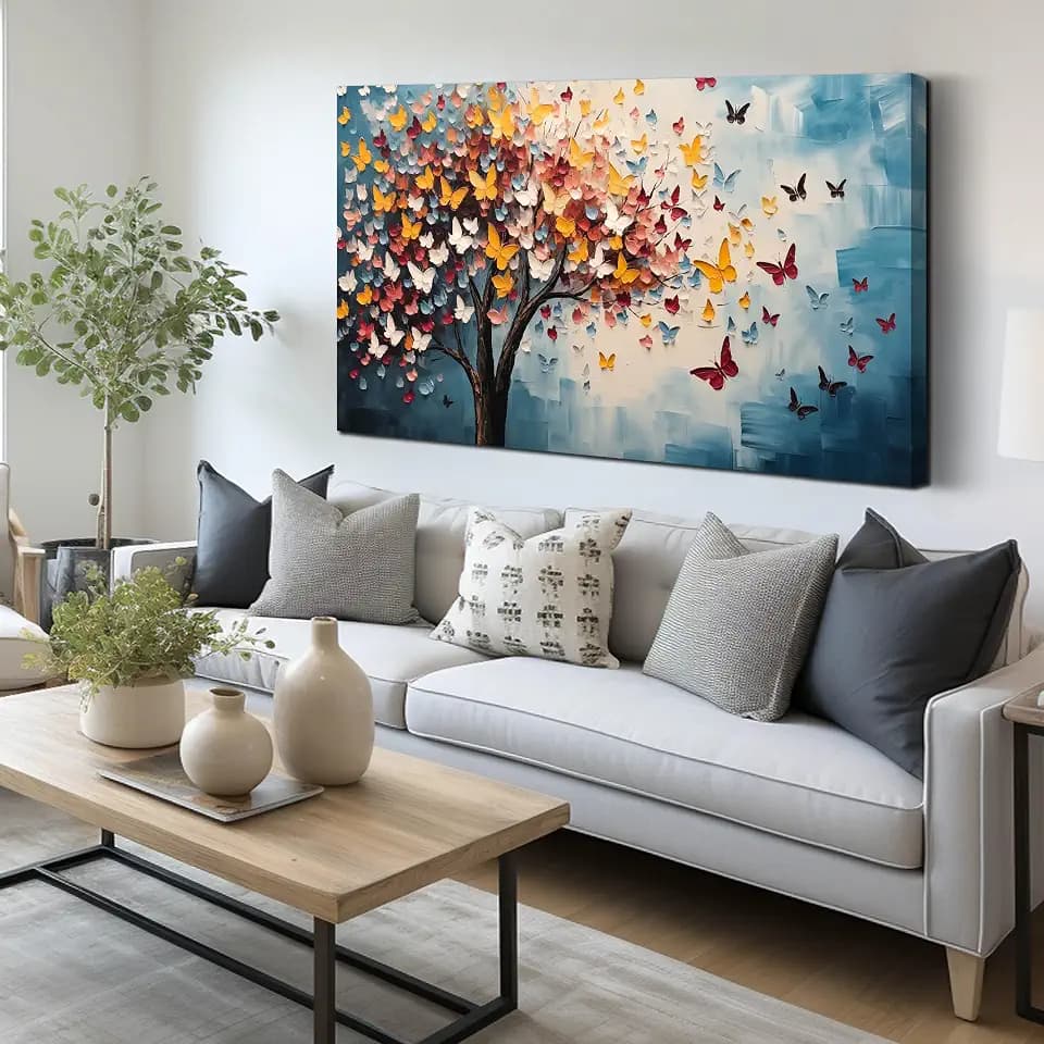 Butterfly Tree Canvas Wall Art for Living Room Bedroom Home Office Blue Colorful Tree of Life Wall Art Modern Large Framed Canvas Prints Size 24x48