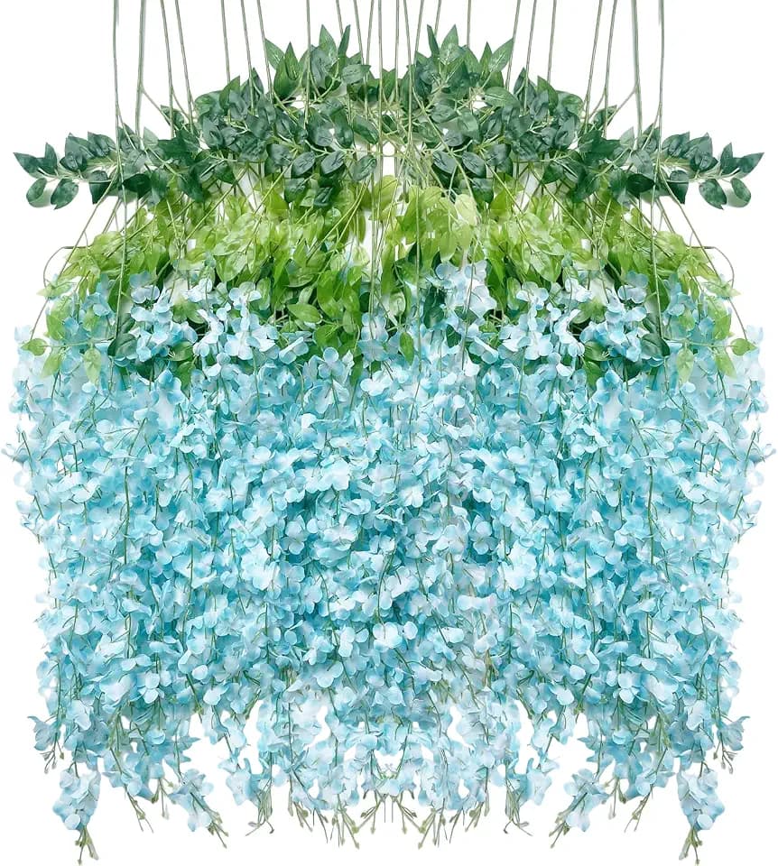 Artificial Flowers Hanging Flowers, Fake Wisteria Flower Garland Silk Vines Rattan String Decor for Home Wedding Arch Wall Garden Greenery Bedroom Outdoor Office Party Decoration (36, Blue)