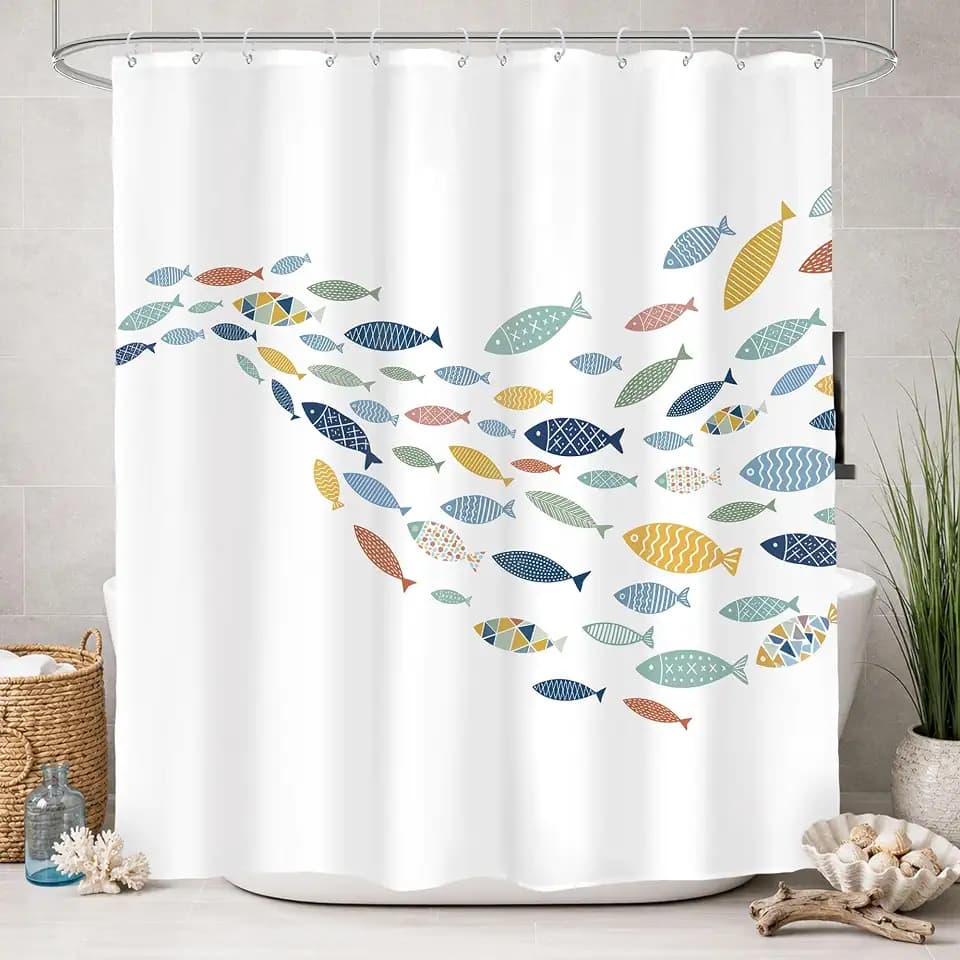 Glawry Cute Fish Shower Curtain Beach Theme Bathroom Curtain Set