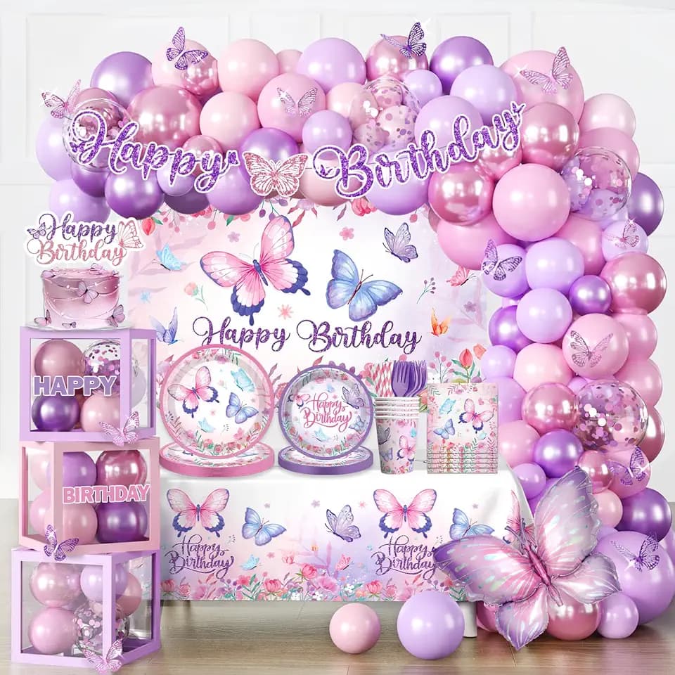 256pcs Butterfly Birthday Decorations Complete Party Set, Butterfly Theme Birthday Decorations, Serves 20pcs Plates, includes Banner Backdrop Balloon Arch Tableware Tablecloth