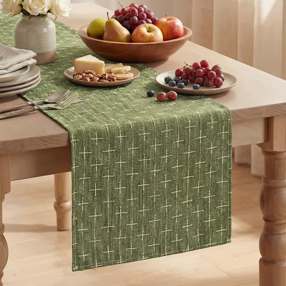 Artoid Mode Olive Green Cross-Star Textured Table Runner, Seasonal Waterproof Rustic Kitchen Dining Table Decoration for Home Party Decor 13x90 Inch