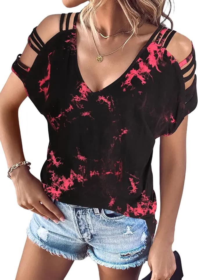 Remidoo Women's Cold Shoulder Deep V Neck Top Ladder Cutout for Concerts