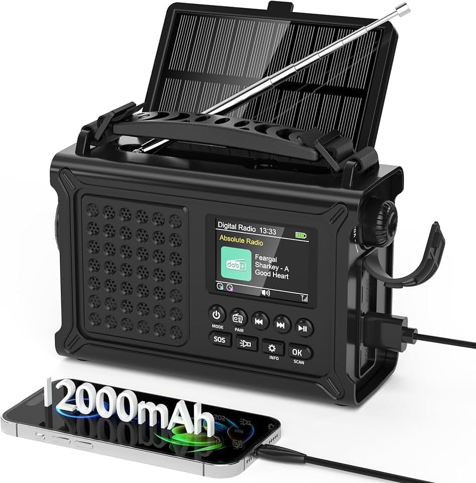 Mesqool Kurbelradio DAB/UKW, Tragbare Solar Notfallradio mit 12000mAh Akku | Survival Radio mit 2,4 "großes Farbdisplay, LED Taschenlampe & Leselicht, Baustellenradio mit Bluetooth 5.0 & SOS für Wandern
