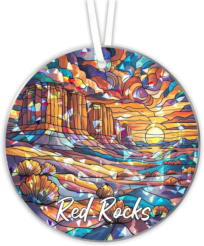 Red Rocks Stained Glass Ornament, Hologram Suncatcher with 2-Sided Printing, Broken Glass Acrylic Tree Decoration, Hanging Car & Window Decor Gift for Traveler and Friends Family