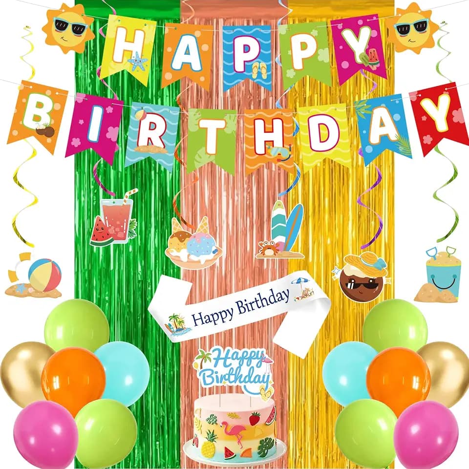 Crenics Summer Birthday Decorations with Fringe Curtains Backdrop, Sash