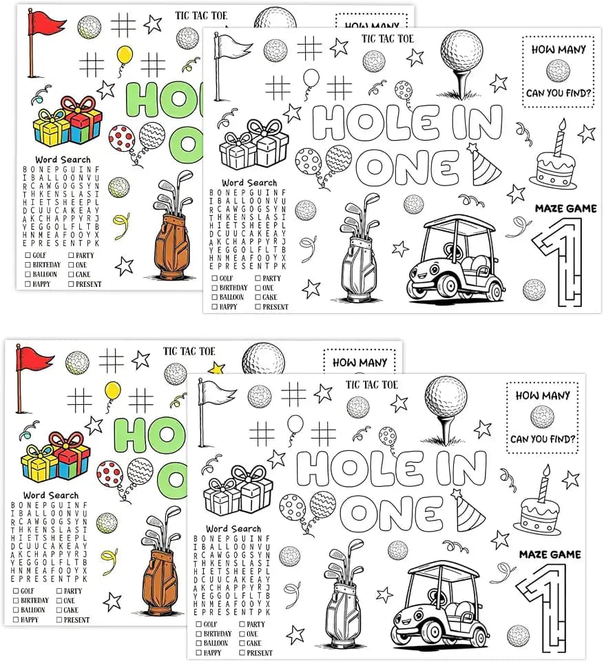 12Pcs Golf Coloring Placemats Hole in One Birthday Decorations Golf Balls Cart Paper Table Mats Let's Par-Tee Coloring Activity Sheets for Girls Boys 1st Birthday Party Supplies