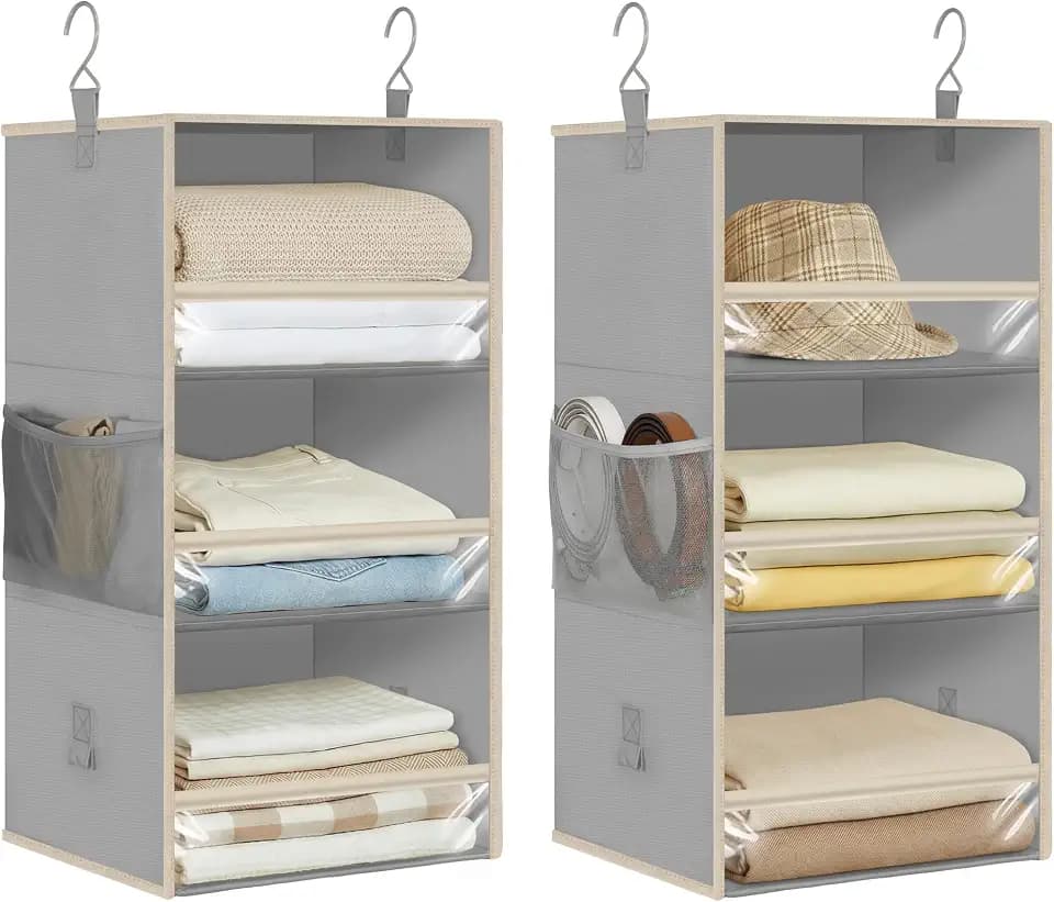 STORAGE MANIAC 6-Shelf Hanging Closet Organizer and Storage, 2 Separable 3-Shelf Haning Organizers for Closet, Collapsible Hanging Shelves Wardrobe Organization, College Dorm Room, Nursery, Gray