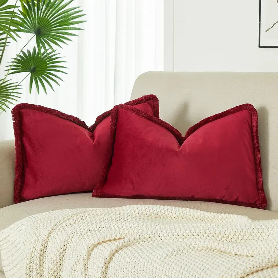 JUSPURBET Red Decorative Velvet Fringe Throw Pillow Covers 16x24 Set of 2 Boho Soft Cushion Case for Home Decor Living Room Couch Sofa Bed