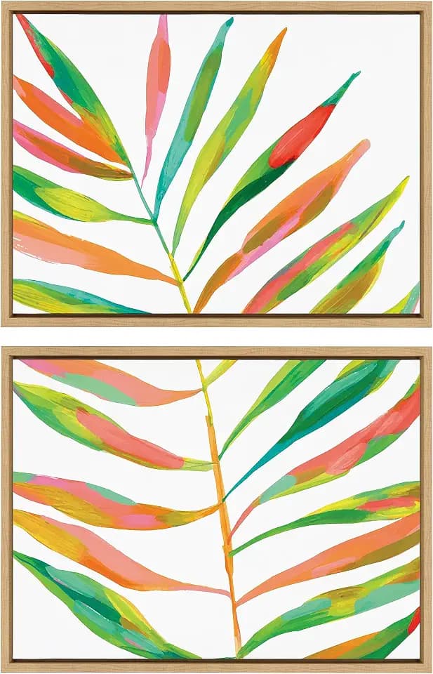 Kate and Laurel Sylvie Palma No. 2 1 and 2 Framed Canvas Wall Art Set by Jessi Raulet of Ettavee, 2 Piece 18x24 Natural, Colorful Plant Leaf Art for Wall