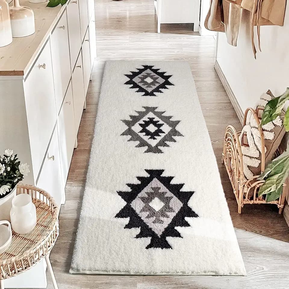 DEXDE Bathroom Runner Rugs 24x60, Boho Western Long Bath Mat, Black White