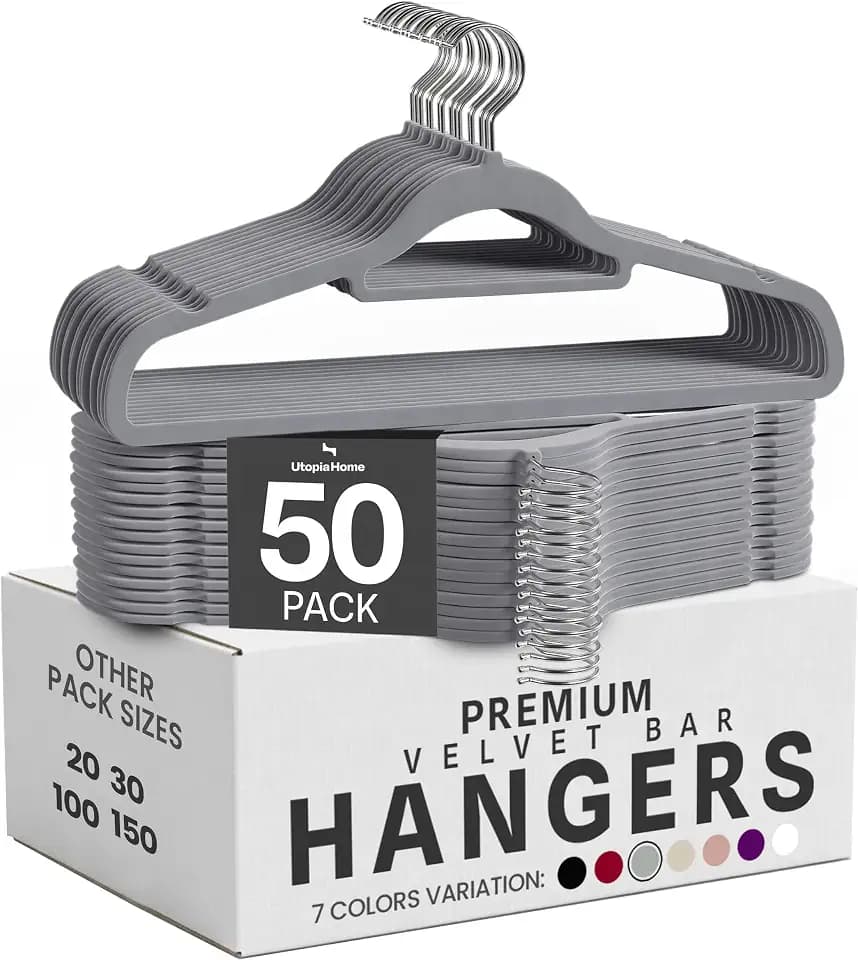 Utopia Home Velvet Hangers 50 Pack – Premium Hangers with Tie Bar - Grey