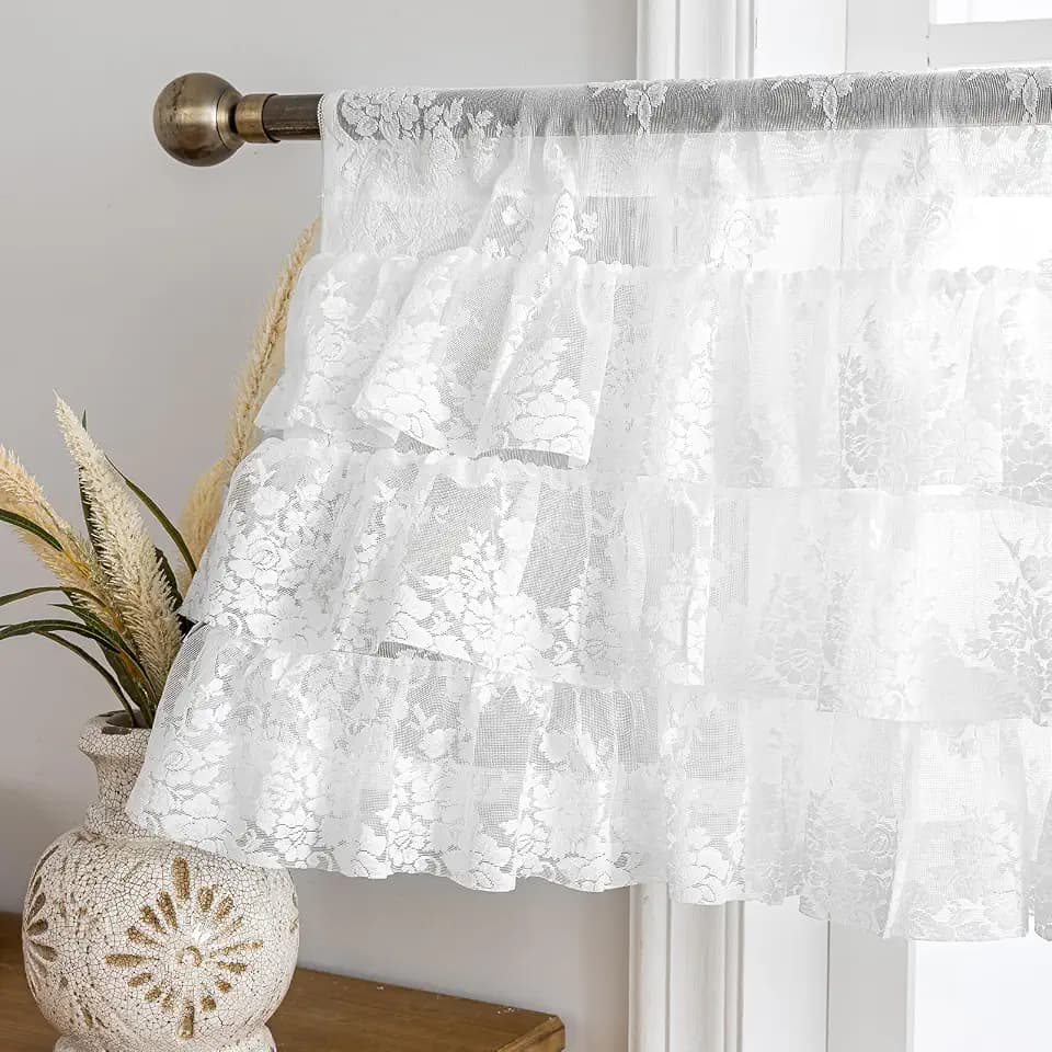 Kotile White Ruffle Lace Valance for Windows W52 x L18 Inch, 1 Panel