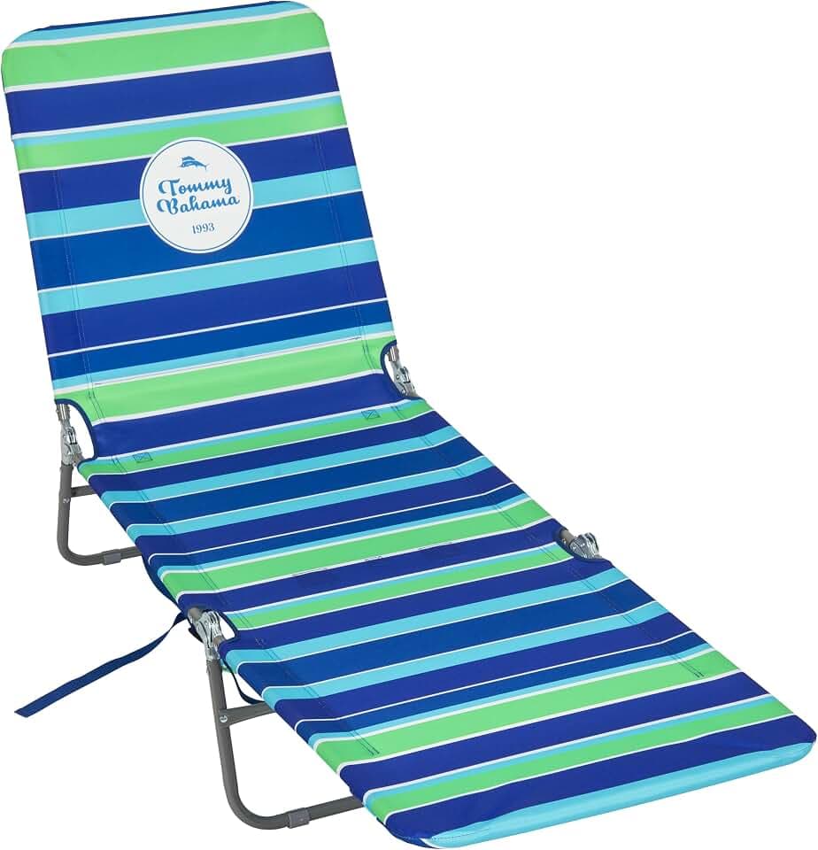 Tommy Bahama Lay Flat Folding Backpack Beach Lounge Chair,Blue/Green Stripe