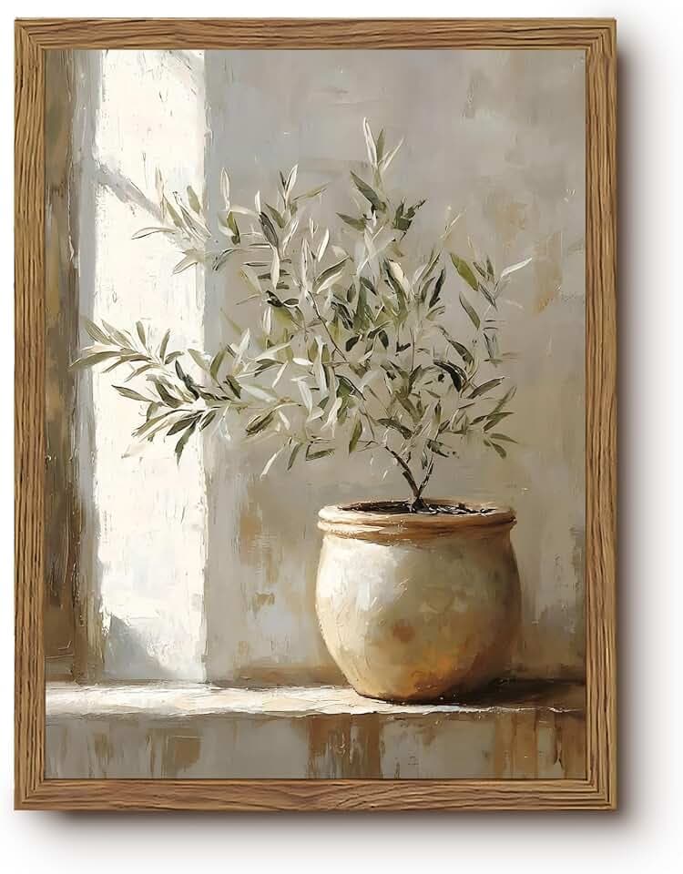 Vintage Framed Olive Tree Canvas Wall Art, Neutral Botanical Pictures Wall Decor, Rustic Potted Plant Paintings Prints, Organic Modern Farmhouse Artwork for Living Room Bedroom 12x16 Inch