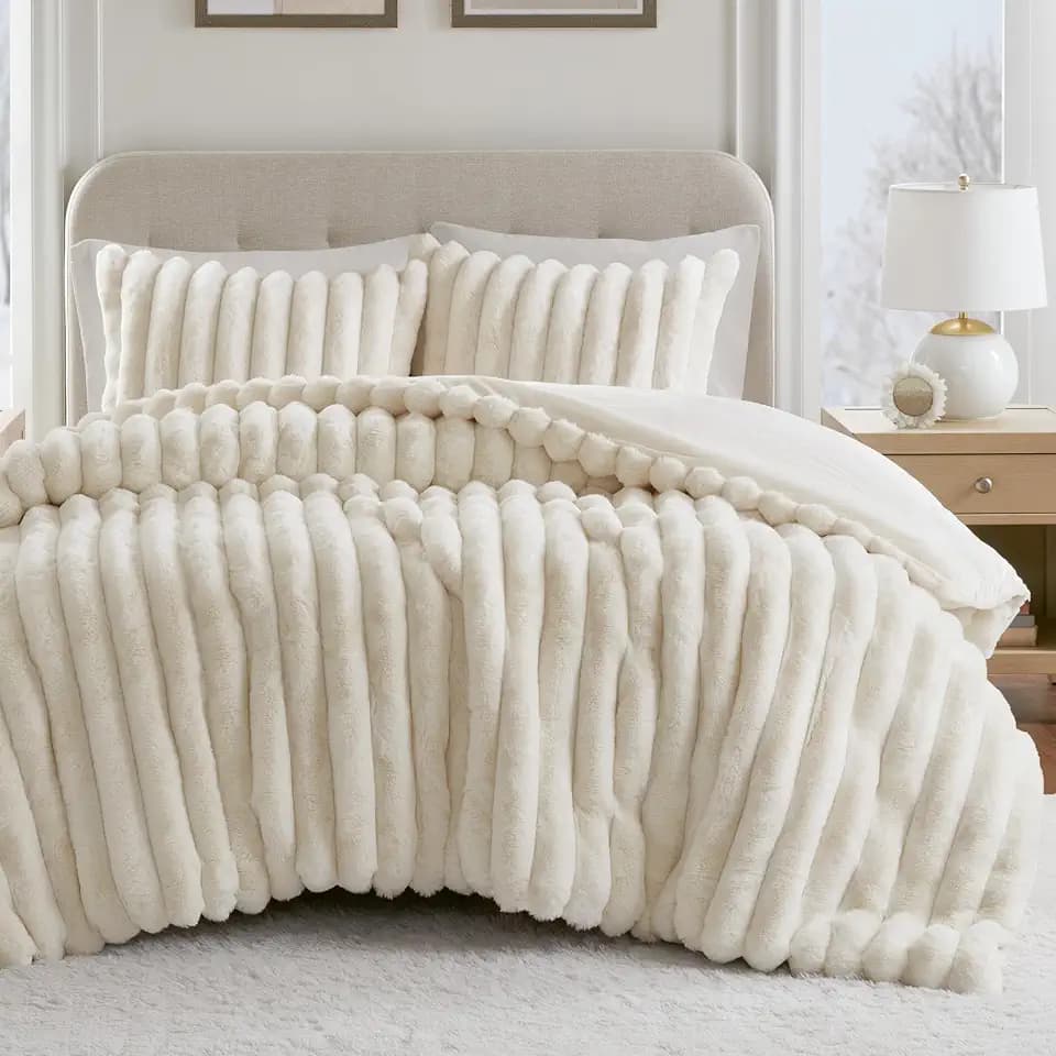 Madison Park Jasmine Luxurious Plush Queen Comforter Set, 3 Piece, Ivory