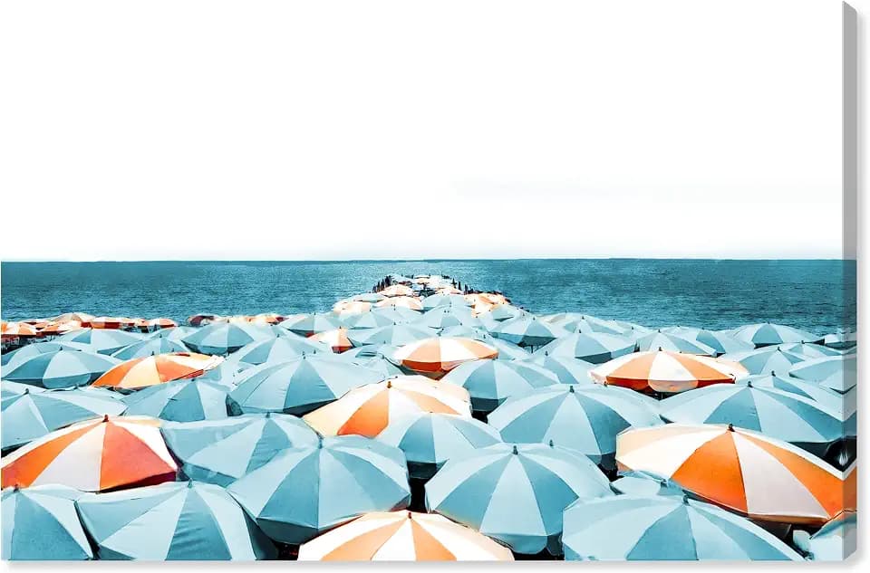 The Oliver Gal Artist Co. Nautical and Coastal Wall Art Canvas Prints 'Cote D'Azur Beach Umbrellas Aqua' Coastal