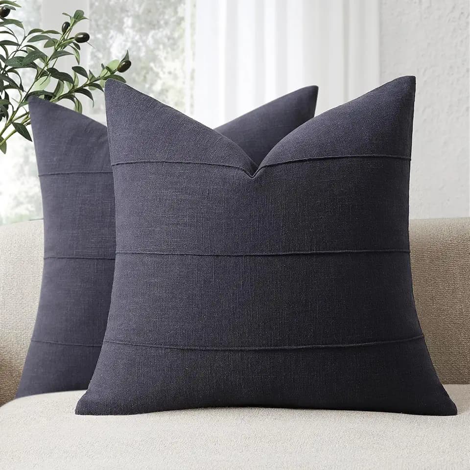 ZWJD Decorative Linen Throw Pillow Covers 22x22 Set of 2 Solid Handcrafted Striped Throw Pillows for Bed Soft Modern Farmhouse Neutral Pillowcase for Couch Bedroom Living Room Home Decor(Dark Navy)