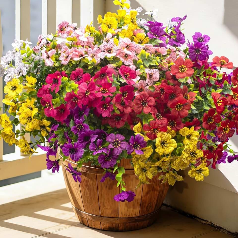 Grunyia 20 Bundles Artificial Flowers for Outdoors, UV Resistant Fake Plants Flowers Greenery Shrubs Plants for Decoration Outside Plants Hanging Planter Home Garden Decor (Mix(6 Color))