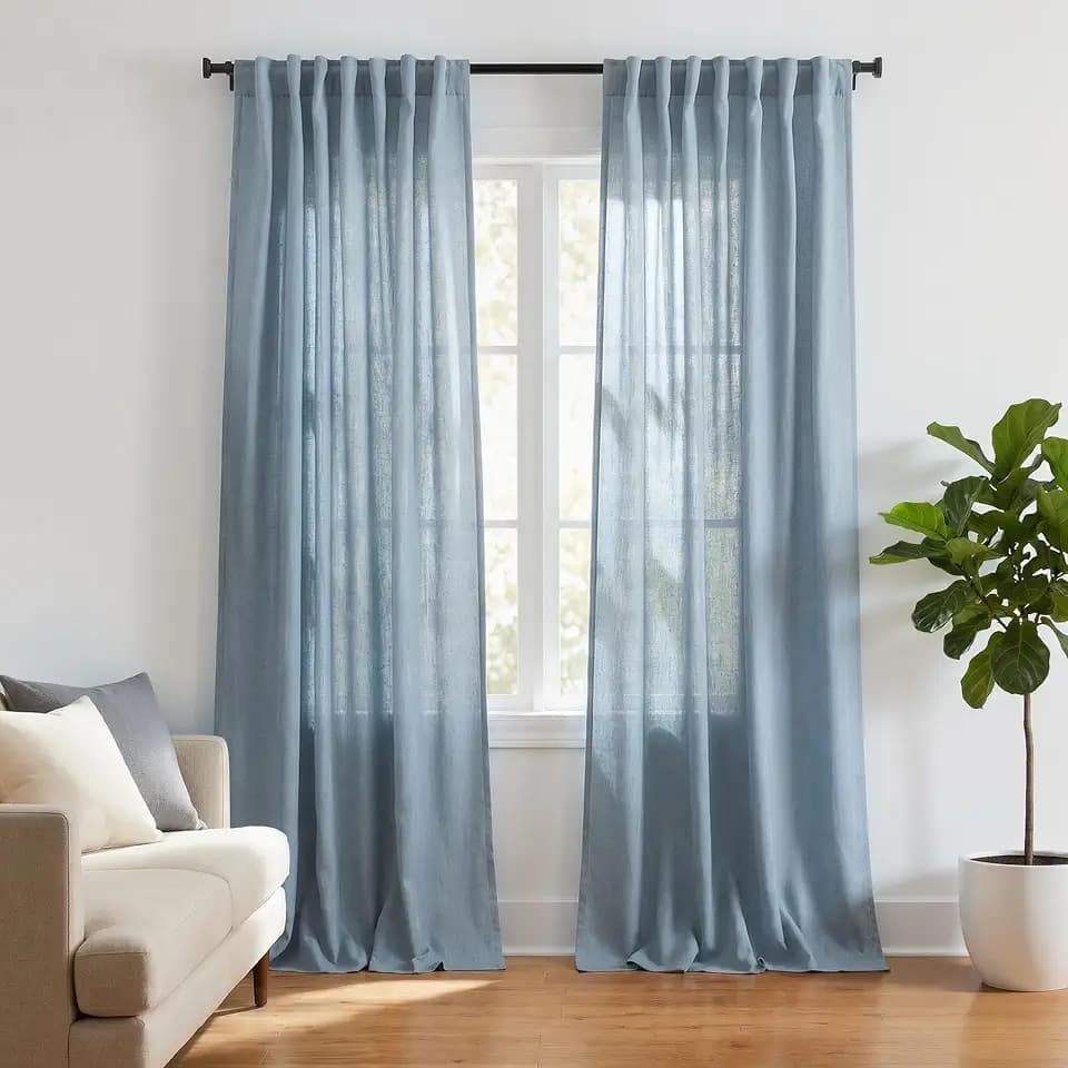 Light Stone Blue Linen Curtains 96 Inches Long,Country Vintage Light Filtering Summer Coastal Semi Sheer Curtain Drapes for Living Dining Room Bedroom 96 Inch Length 2 Panels Set, Smoke Slate Blue
