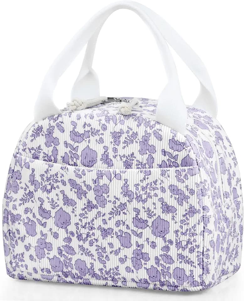 TESAFNG Lunch Bag - Insulated Lunch Box for Women, Reusable Large Capacity Cooler Bag for Adult, Small Leakproof Cute Corduroy Lunch Tote for Work Office Travel Picnic (Corduroy Purple-Flower)