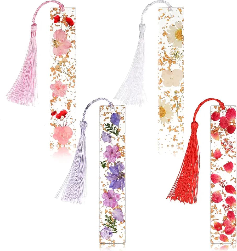 Clabby 4 Pieces Dried Flower Resin Bookmarks Handmade Transparent Floral Dried Flower Page Marker with Colorful Silky Tassel for Teacher Women Students(Plain Style)