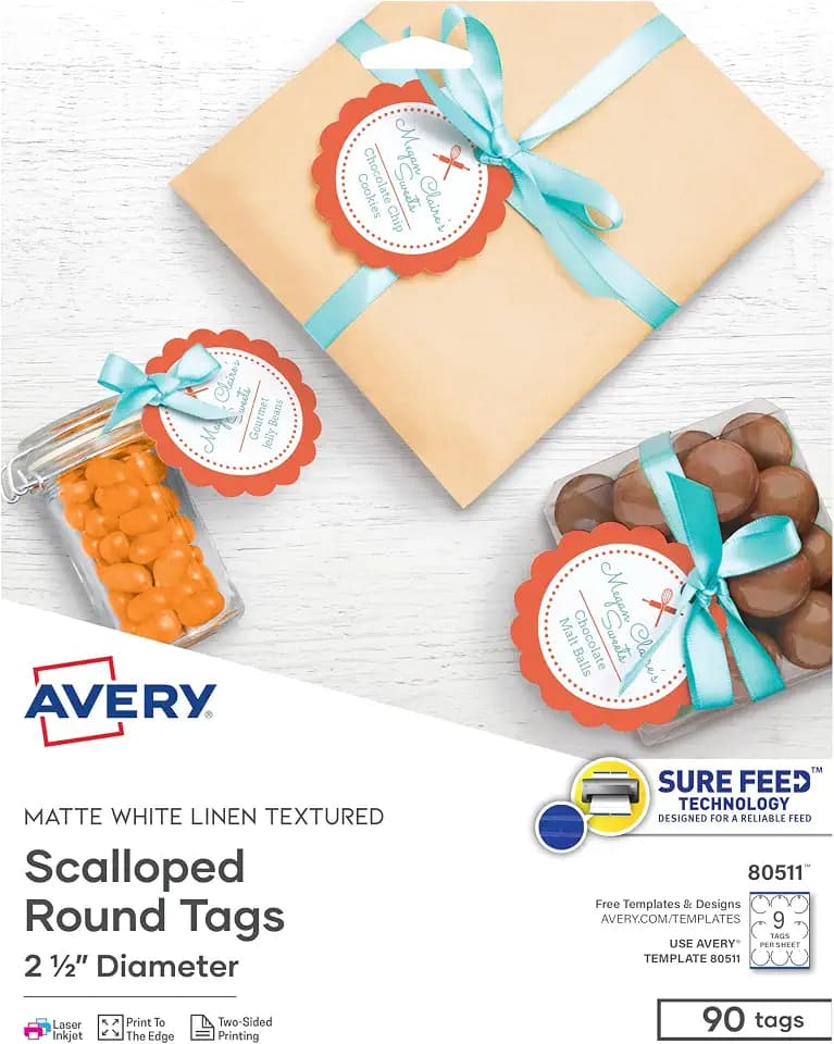 Avery Printable Blank Scallop Round Gift Tags with Sure Feed, 2.5" Diameter, Textured White, 90 Customizable Tags (80511)