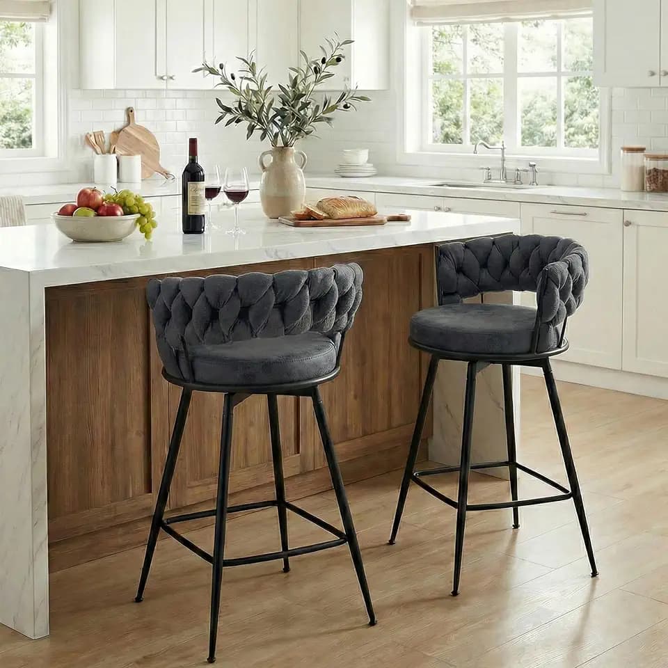 Bar Stools Set of 2 Upholstered Kitchen Counter Height Barstool Grey